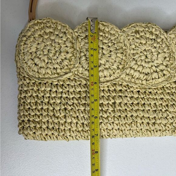 Talbots Paper Straw Gold Metallic Tan Leather Trim Top Zip Clutch Bag Strap - Picture 10 of 11